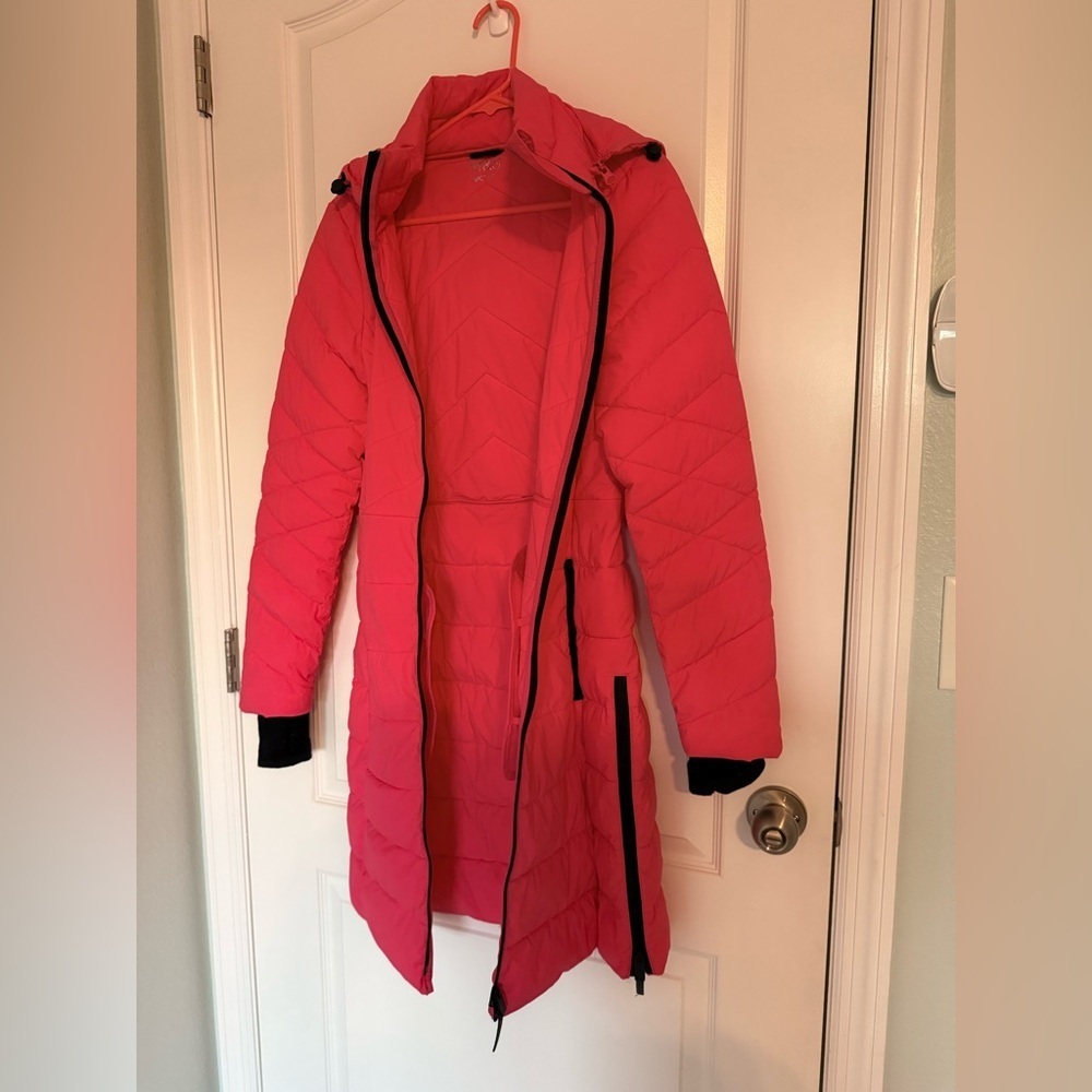 M&S ACTIVE Bright Pink Puffer Jacket Pink Long Puffer Coat With Detachable Hood - Picture 13 of 16